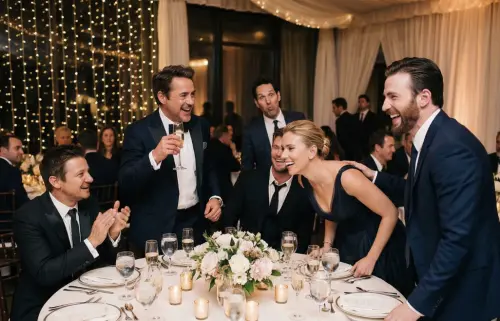 ▲《復仇者聯盟》傑瑞米雷納（左起）、小勞勃道尼、保羅路德、克里斯漢斯沃、史嘉蕾喬韓森、克里斯伊凡都出席了《蜘蛛人》男女主角的婚禮。（圖／摘自 @the_imagine_effect)