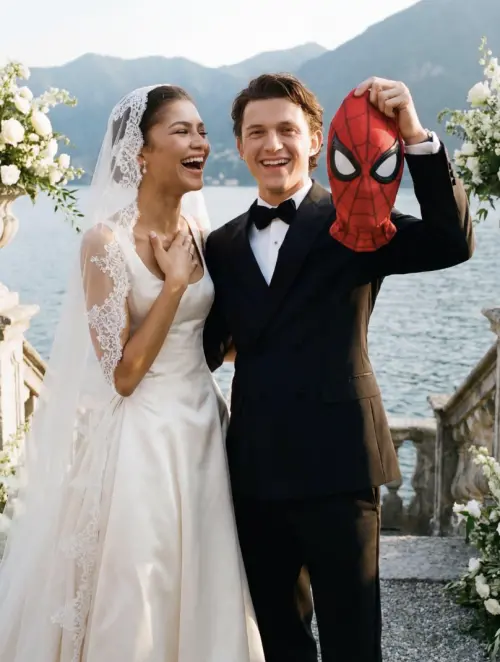 ▲湯姆霍蘭德（右）婚禮上舉起《蜘蛛人》的面具，讓人感覺有些不對勁。（圖／摘自 IG@heroemaniaco)