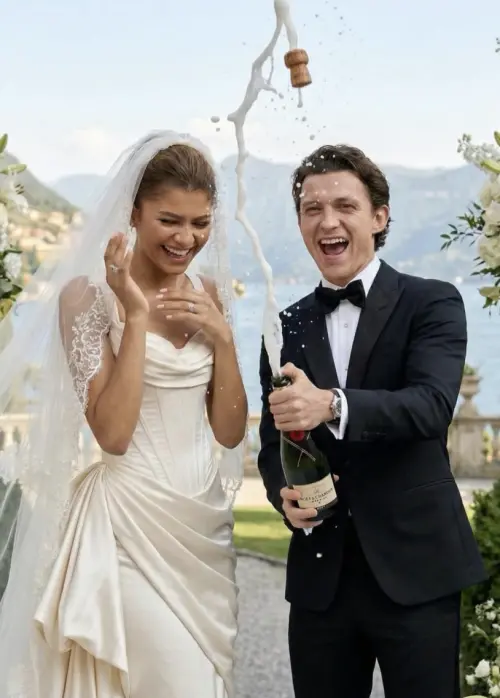 ▲湯姆霍蘭德（右）和千黛亞（左）在婚禮上開香檳，也像是真正婚禮會有的流程。（圖／摘自 IG@heroemaniaco)