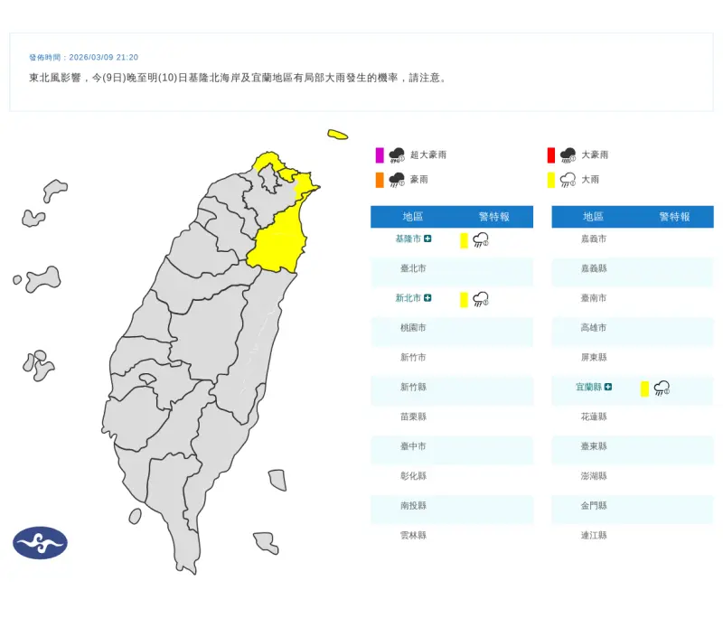 快訊／雨區擴大！氣象署：新北、基隆、宜蘭大雨特報　雨下到明天