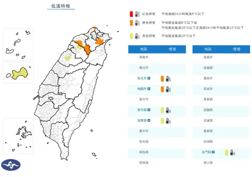 ▲強烈大陸冷氣團影響，中央氣象署發布「低溫特報」，北部地區局部、外島金門會有10度以下氣溫。（圖／中央氣象署cwa.gov.tw）