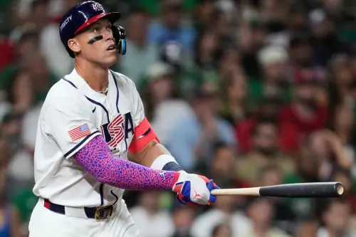 ▲紐約洋基強打、美國隊精神領袖「法官」賈吉（Aaron Judge）在比賽中4打數0安打，第9局關鍵打席還「吞K」，無法拯救球隊，再次讓人質疑他的關鍵時刻表現。（圖／美聯社／達志影像）