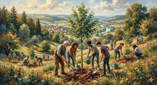 ▲植樹節最早起源自1872年，一名美國政治人物、記者與環保倡議者J.Sterling Morton為了改善森林缺乏困境，鼓勵民眾在草原地區大量種植樹木，當時吸引人群種下超過百萬棵樹木。（圖／AI製圖、記者賴禹妡製）