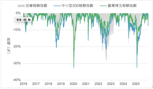 ▲「臺灣璞玉指數」、「中小型300指數」與「加權指數」近十年跌幅比較。（圖╱臺灣指數公司提供）