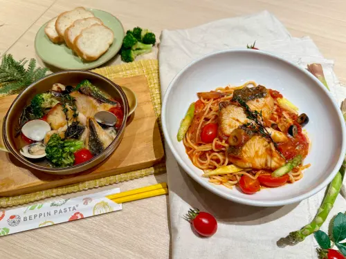 ▲BEPPIN PASTA新菜，左起：「地中海香煎紅魽魚」、「紅魽煙花女義大利麵」。（圖／記者蕭涵云攝）