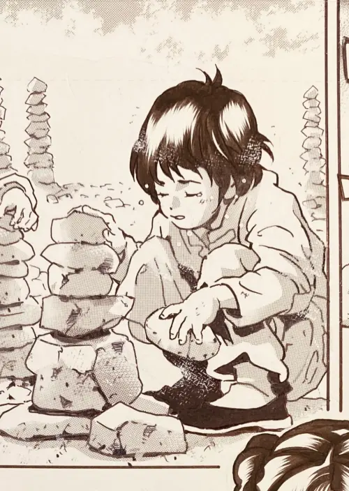 ▲小川悅司今（12）日先行公布的情報畫面中，也看到有其他孩子在三途川河岸堆石塔的畫面，暗示小當家真的已經進入冥界。（圖／X@Ogawa_Etsushi）