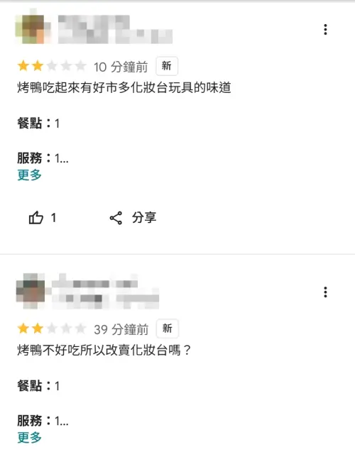 ▲有網友從該名女子的個人介紹欄位中，搜出女子家在桃園開設一間烤鴨店，引發不滿的網友狂刷1顆星負評。（圖／翻攝Google地圖）