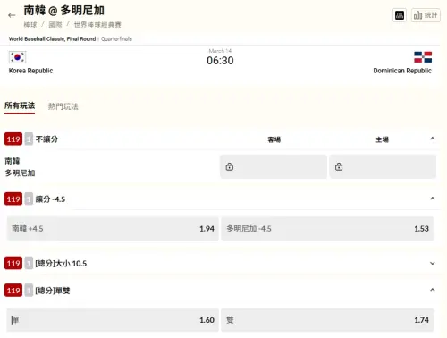 ▲台灣運彩開盤，世界棒球經典賽南韓 @ 多明尼加。(圖/台灣運彩)