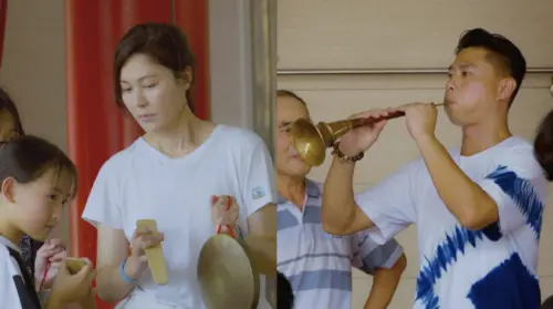 ▲金荷娜（左）負責敲鑼，彭小刀（右）吹嗩吶，於《細細山路私密達》中獲得好評。（圖／客家電視台提供）