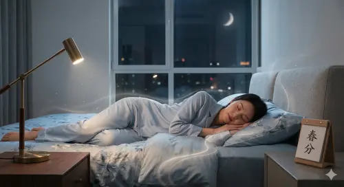 ▲今年春分在夜晚交節氣，能量轉換的時刻相對敏感，建議提早上床休息，只要在交節氣前好好睡覺就能開運。（圖／AI製圖、記者賴禹妡製）