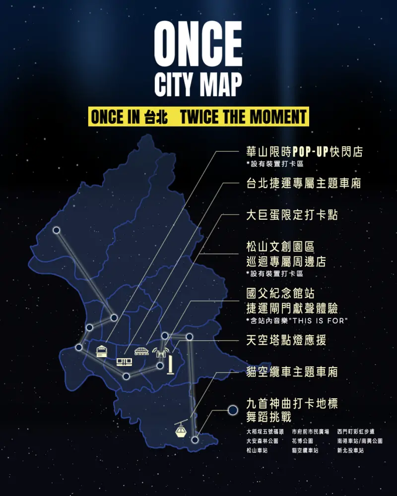    ▲主辦單位推出「ONCE CITY MAP」，結合快閃店、捷運主題車廂、天空塔點燈與城市舞蹈挑戰，讓整座台北化身TWICE粉絲城市。（圖／Live Nation Taiwan）  