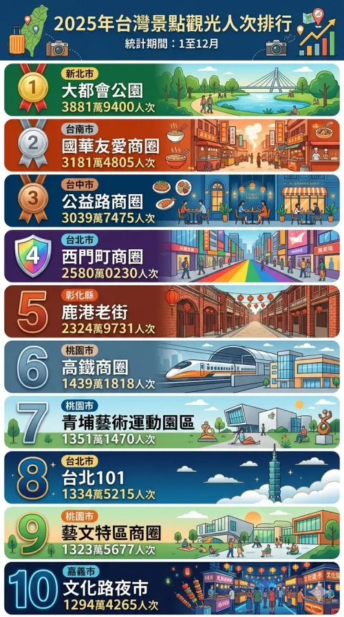 ▲據觀光署公布的2025年1至12月景點觀光人潮統計數據，台灣最強景點寶座由「新北大都會公園」奪冠。（圖／Gemin生成，記者潘毅監製）