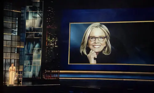 ▲瑞秋麥亞當斯（左下）在奧斯卡頒獎典禮上，向曾合作的已故影后黛安基頓（右）致敬。（圖／翻攝自Disney+）