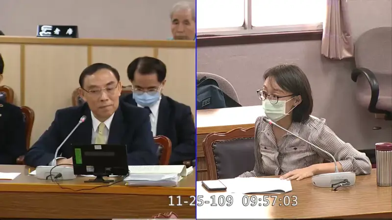    ▲吳怡玎（右）曾為康友吸金案檢調上門搜索而在立法院質詢時任法務部長蔡清祥（左），北檢認定吳怡玎不知情父親吳光訓借她帳戶目的是躲債和炒股。（圖／翻攝立法院網頁）  