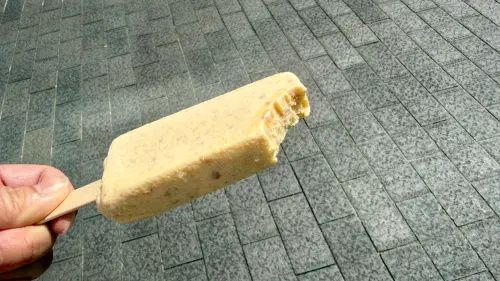 ▲雪糕看得到也吃得到餅乾屑，但並不完全是印象中孔雀餅乾的滋味。（圖／記者黃韻文攝）