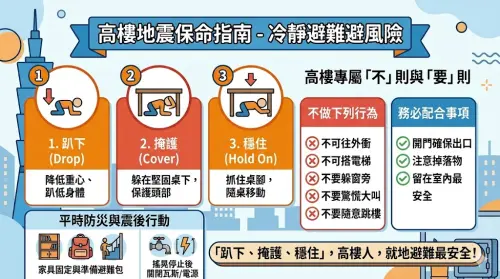 ▲高樓層地震保命指南。（圖／新竹縣政府消防局提供）