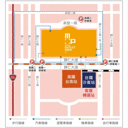 ▲台南市交通局也公布了前往台南三井 Outlet 的停車場位置、周邊交通動線。（圖／台南市政府交通局）