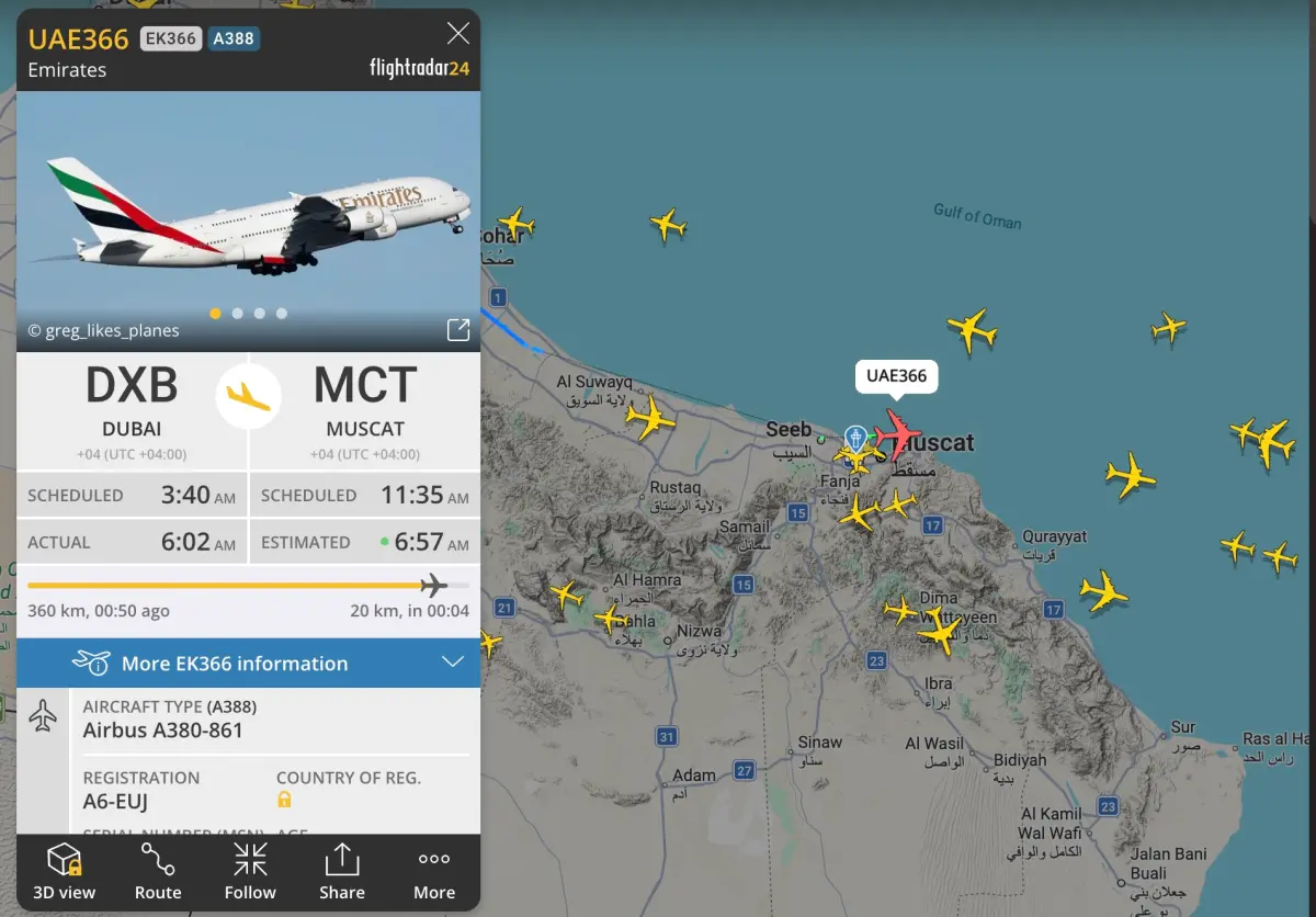 ▲阿聯酋航空航班前往阿曼馬斯喀特機場。（圖／截自flightradar24網站）