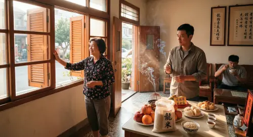 ▲龍抬頭當天上午7點到9點之間，若住家東南方有窗戶或大門，可打開象徵引入陽氣、帶動財運，祭拜也可準備米類供品，將財氣帶回家食用，也就是所謂的「吃龍米」。（圖／AI製圖、記者賴禹妡製）