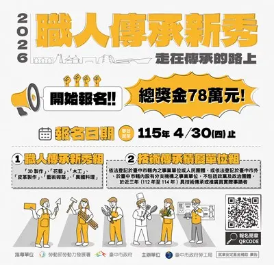 ▲台中115年職人傳承新秀選拔開跑，即日起至四月底受理報名。（圖／勞工局提供） (57.35 kb)