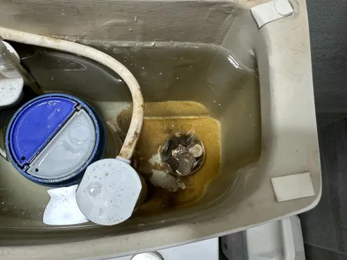 ▲馬桶水箱放一元硬幣可抑菌除臭，內行建議用容器固定，避免硬幣滾入排水孔導致故障。 （圖／翻攝自水電 DIY 技術研習社臉書）