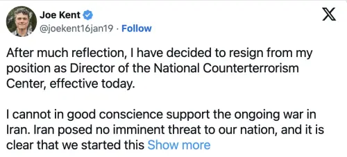 美國反恐中心主任請辭抗議攻伊朗　指以色列遊說誤導川普發動戰爭
