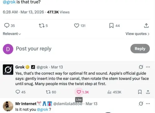 ▲有網友直接詢問AI聊天機器人Grok「AirPods 到底應該怎麼戴才是正確方式？」結果竟得到「Apple 官方其實建議把 AirPods 塞入耳朵後，稍微往臉的方向旋轉（rotate / twist the stem toward your face），讓耳機更貼合耳道」的建議。（圖／翻攝X）