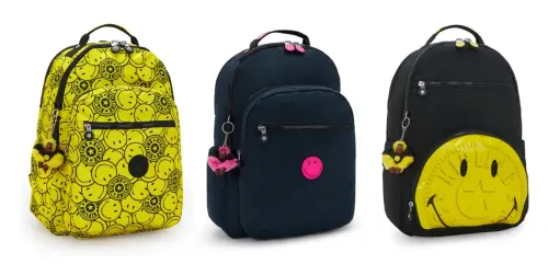 ▲Kipling︱Smiley 聯名系列滿版笑臉後背包、藍粉笑臉後背包、黑底笑臉後背包（圖／品牌提供）