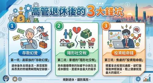 ▲退休金規劃別踩坑！日案例揭開高管老後「3 大隱形錢坑」，一張圖帶你看懂：存款幻覺、關係崩盤與焦慮投資。（示意圖／Gemini生成／NOWNEWS監製）