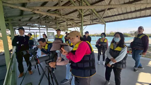 ▲大灣國小師長使用望遠鏡進行賞鳥活動。(圖/雲嘉南管理處提供)