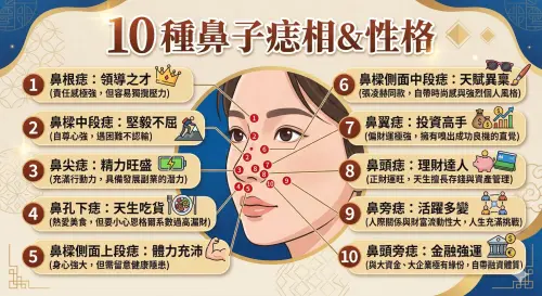 ▲一張圖帶你秒懂「10 種鼻子痣相與性格」！原來張凌赫同款的「鼻樑側面中段痣」竟是天賦異稟、自帶時尚感的象徵。快拿起鏡子對照看你是投資高手還是理財達人？（圖／Gemini生成／NOWNEWS監製）