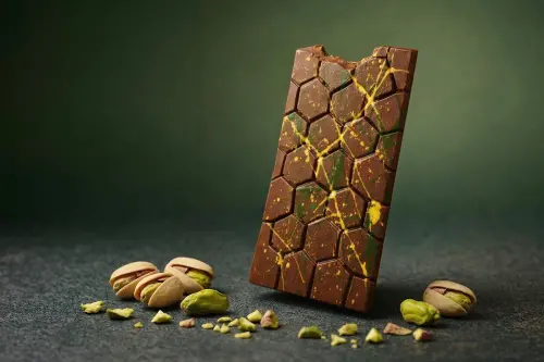 ▲台南遠東香格里拉品香坊「經典杜拜巧克力」，以濃郁巧克力結合開心果內餡與卡達伊夫（Kataifi）酥絲，打造外脆內層豐富的口感。（圖／台南遠東香格里拉提供 sltn.fareasternhotel.com.tw/tc/）