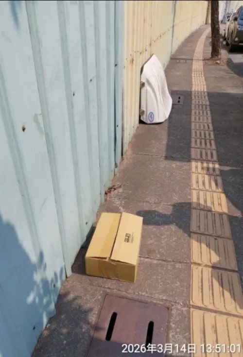 ▲死掉的小狗被裝在紙箱丟在路邊，後來被清潔隊載走。（圖／江和樹提供，2026.03.19）