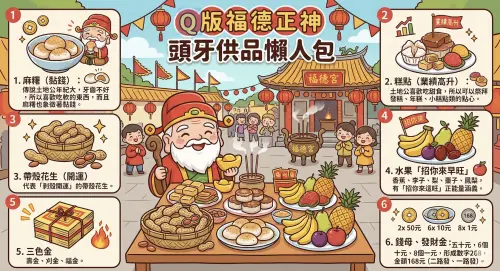 ▲土地公頭牙供品準備一圖看完。（圖／AI製圖、記者賴禹妡製）