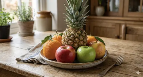 ▲土地公頭牙建議準備新鮮水果，如鳳梨、橘子、蘋果等較具吉祥寓意的品項來祭拜。（圖／AI製圖、記者賴禹妡製）