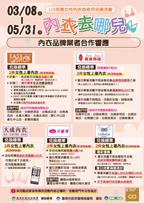 ▲台南市環保局「女性內衣回收月」5大內衣品牌優惠、活動地點一次看。（圖／台南市環保局recycle.tnepb.gov.tw）