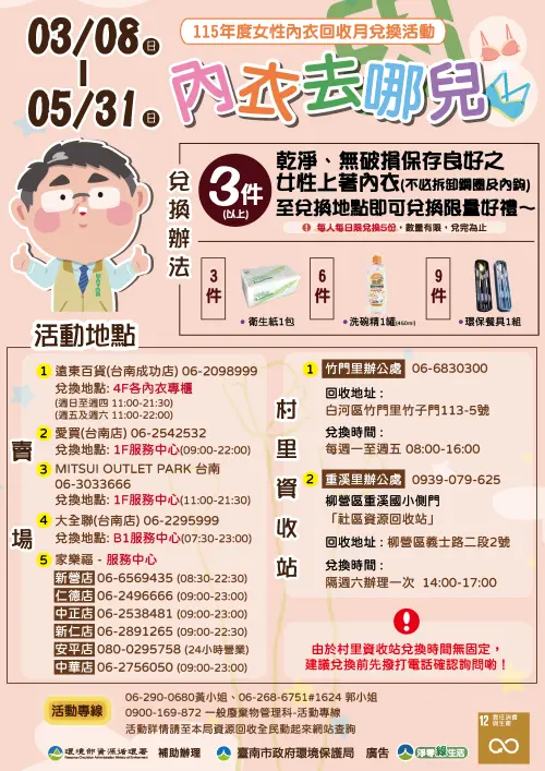 ▲台南市環保局「女性內衣回收月」活動地點一次看。（圖／台南市環保局recycle.tnepb.gov.tw）