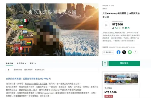 ▲女子計畫勇闖南美洲6國，從墨西哥起程至巴西、智利、玻利維亞、阿根廷及祕魯等國家，期間會透過打工換宿和拍片紀錄的方式，展開南美之旅，但整體旅費18萬目前還差13萬元，希望能夠獲得大家幫助。（圖／嘖嘖平台）