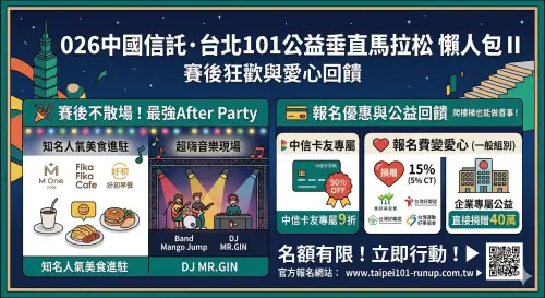 ▲101登高賽After Party陣容曝光，不僅有人氣樂團芒果醬熱血開唱，還有眾多知名美食餐車進駐犒賞跑者。（圖／Gemini AI／記者路皓惟監製）