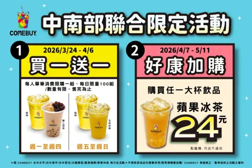 ▲嗨神(超嗨優惠)指定六家，中南部聯合買一送一。（圖／COMEBUY康拜提供）