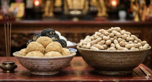 ▲祭拜土地公的供品建議準備麻糬、花生、酒、香蕉、鳳梨等，也可簡化為麻糬與帶殼花生。（圖／AI製圖、記者賴禹妡製）