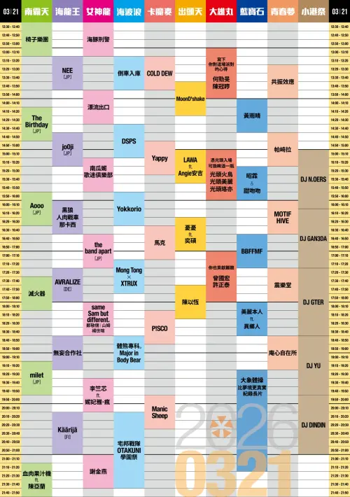 ▲「2026大港開唱 𝐌𝐄𝐆𝐀𝐏𝐎𝐑𝐓 𝐅𝐞𝐬𝐭𝐢𝐯𝐚𝐥」3月21日時間表（圖／取自大港開唱官網megaportfest.com）