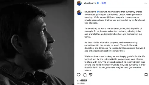 ▲羅禮士的家人在社群網站上發表了公開聲明，宣布他已平靜離世。（圖／摘自 IG@chucknorris）