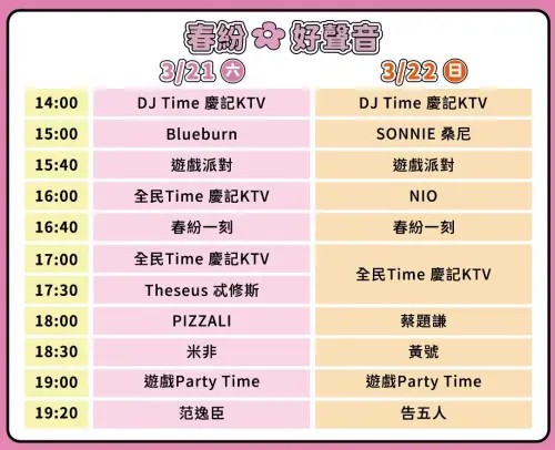 ▲「春紛好聲音」主舞台表演卡司與節目表（圖／翻攝新北水漾臉書 www.facebook.com/waternewtaipei/）