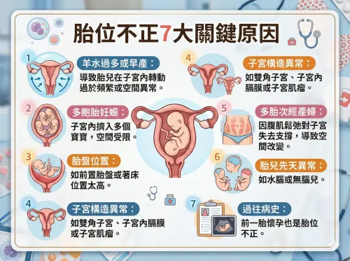 ▲衛教懶人包！專家示警「胎位不正」成因多樣，主要與胎兒活動空間及子宮環境有關。常見成因包括羊水過多、子宮構造異常或多胎次導致腹肌鬆弛等 7 大關鍵因素。定期產檢能及早發現矯正時機。（示意圖／Gemini生成／NOWNEWS監製）