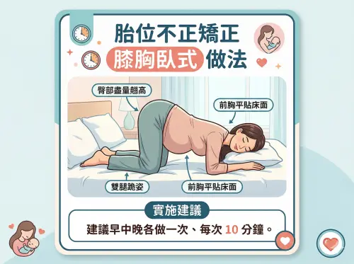 ▲衛教懶人包！「胎位不正矯正」專業示範。彰化醫院婦產科建議，孕媽咪可透過標準「膝胸臥式」：雙腿跪姿，前胸貼床面、臀部盡量翹高，每日早中晚各做一次、每次 10 分鐘，藉此調整子宮空間促使寶寶轉位。（示意圖／Gemini生成／NOWNEWS監製）