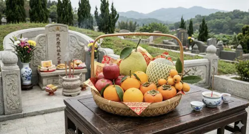 ▲建議掃墓供品準備單數，同一種水果也以單數為佳，可選蘋果、橘子、柳丁等吉利水果。（圖／AI製圖、記者賴禹妡製）