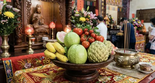 ▲清明節供品水果不宜選擇芭樂、蕃茄、香蕉、釋迦。（圖／AI製圖、記者賴禹妡製）