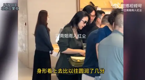 ▲湯唯戴著墨鏡逛街，身材似乎圓潤不輸，還有意無意地用包包護住肚子。（圖／微博＠江南煙雨入紅塵）
