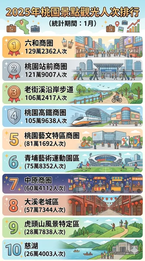 ▲據觀光署公布的最新景點觀光人潮統計數據，2026年1月桃園最強景點，由今年剛列入統計的中壢「六和商圈」登上第一。（圖／Gemin生成，記者潘毅監製）